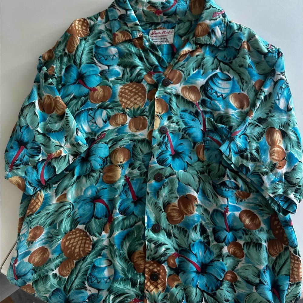 Blue and Brown Casual Button Down Shirt with Tropical Print